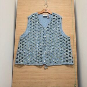 Susan Bristol Casuals Blue Lattice Floral Vest Plus Size 3W Button Front Vintage